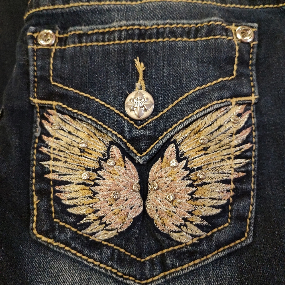 Miss Me Blue Jeans Mid Rise with Gold Embroidered Wings